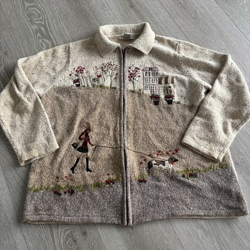 Vintage 90s Tan Jay Embroidered Beige Lady Walking HerDog Cottagecore Sweater XL